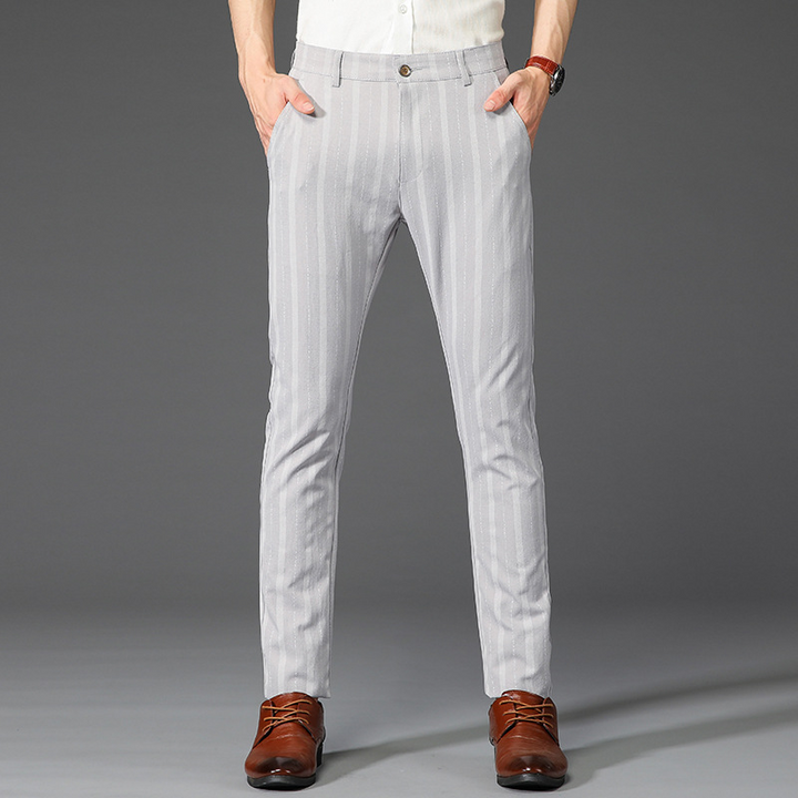 Men's slim fit striped dress trousers, ideal for business or smart casual attire.