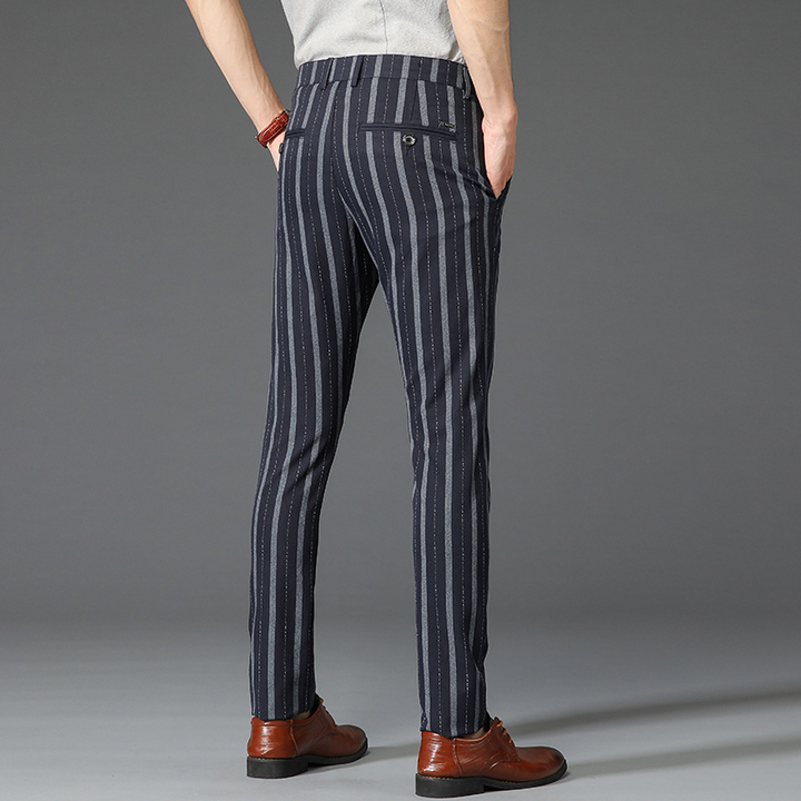 Men's slim fit striped dress pants, comfortable and stylish for work or events.
