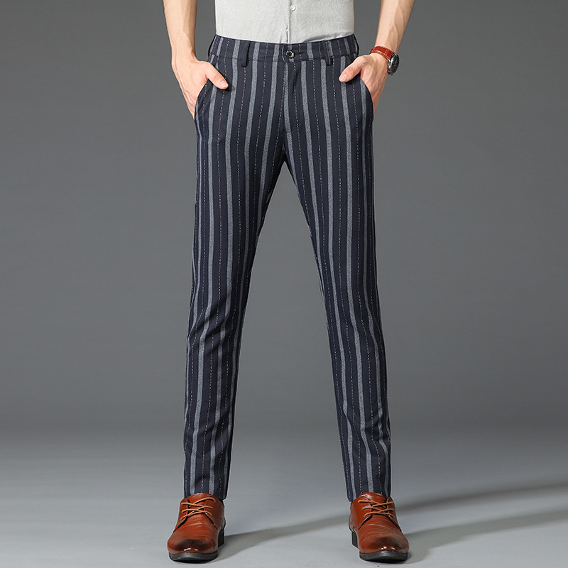 Modern men's slim fit striped trousers, great for a contemporary business or casual look.