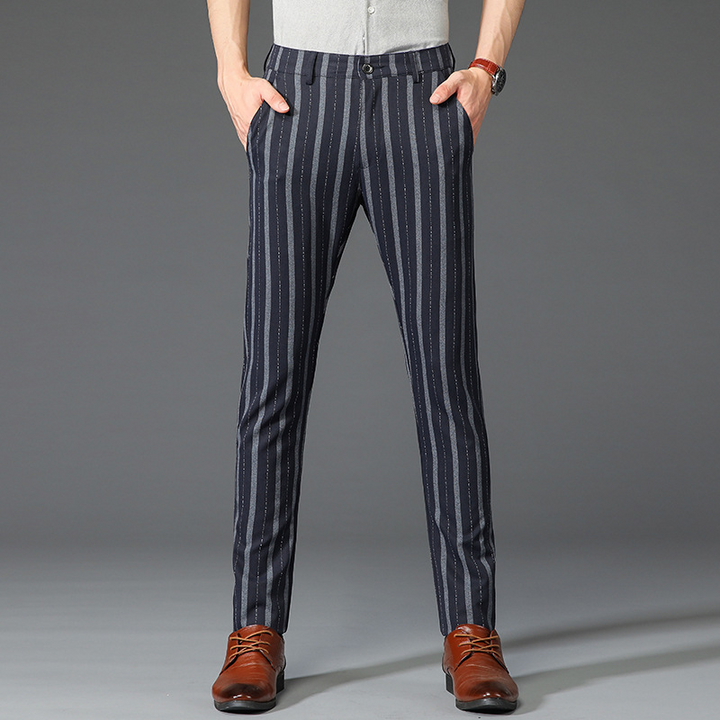 Modern men's slim fit striped trousers, great for a contemporary business or casual look.