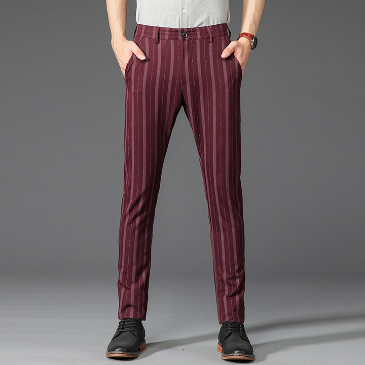 Versatile men's striped slim fit dress trousers, suitable for formal, office, or smart casual wear.