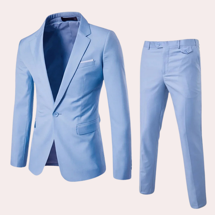 Stylish men's slim fit trousers, part of a sophisticated formal suit set, ideal for business and special events.