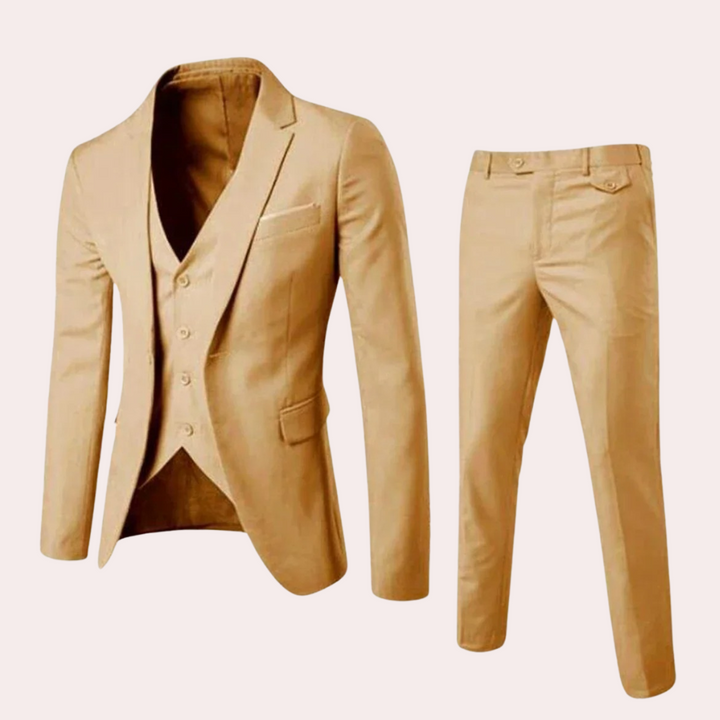 Close-up of premium fabric on a men's slim fit suit, showcasing elegant design for formal wear & business attire.