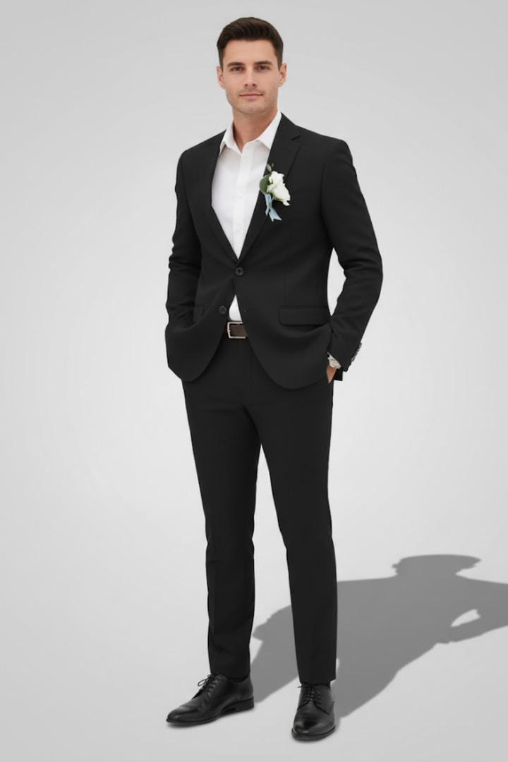 Stylish men's slim fit wedding suit, perfect formal wear for grooms & guests. Modern tailored two-piece.