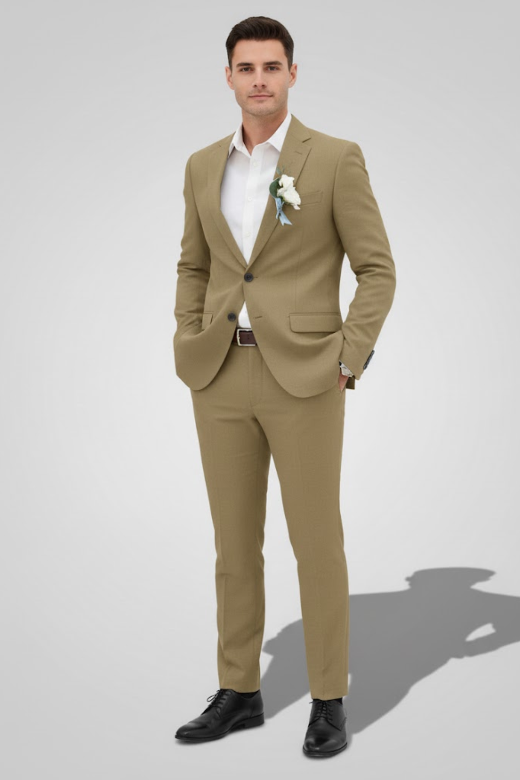 Fashionable men's slim fit summer suit. Lightweight formal wear, perfect for outdoor weddings & events.