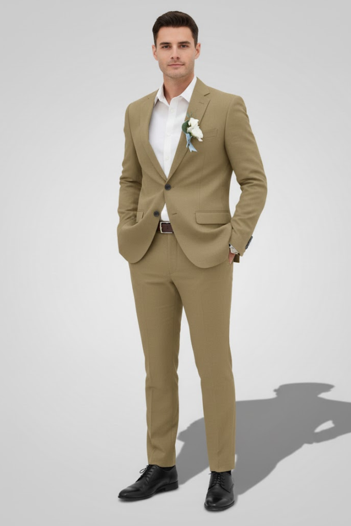 Fashionable men's slim fit summer suit. Lightweight formal wear, perfect for outdoor weddings & events.