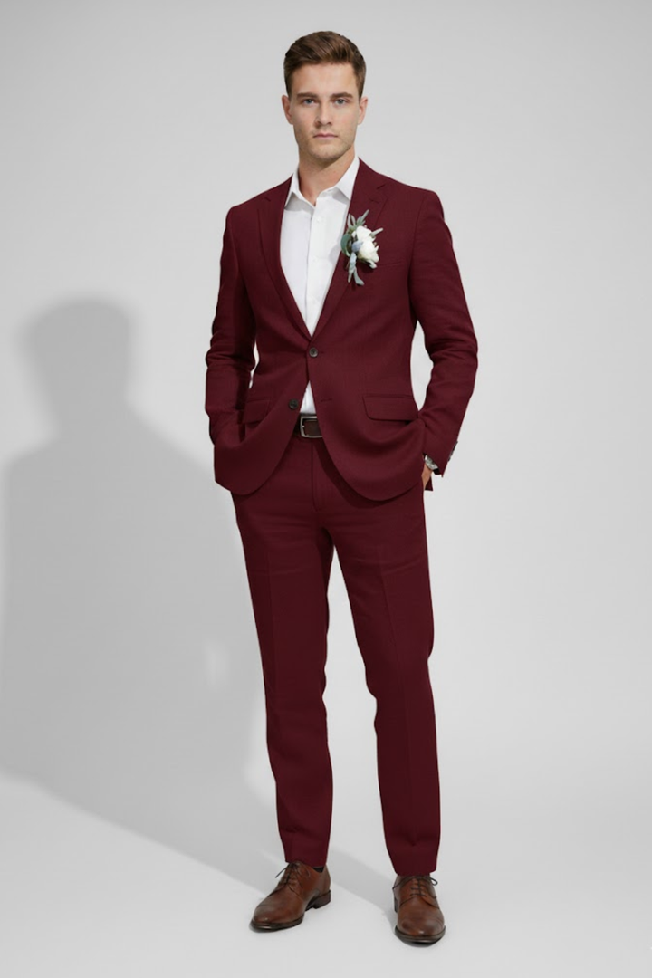 Complete men's slim fit two-piece suit for formal events. Modern tailored style for weddings & parties.