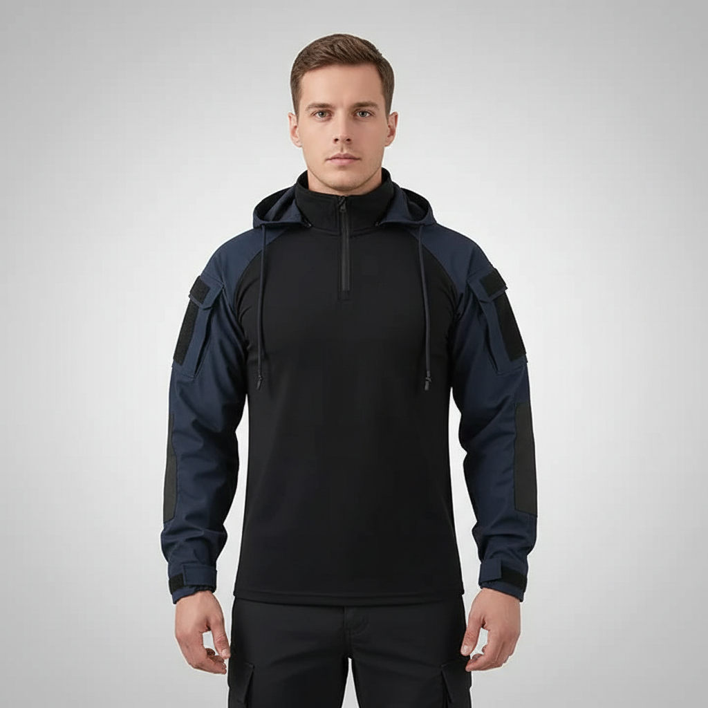 Breathable polycotton men's tactical hoodie featuring a hood and functional utility pockets.