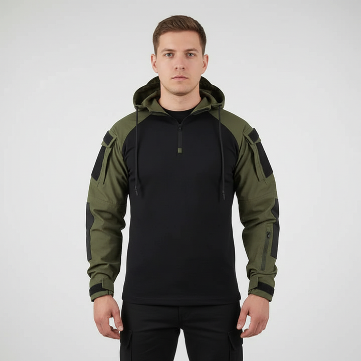Casualwear men's tactical hoodie in army green, showing front pockets and drawstrings.