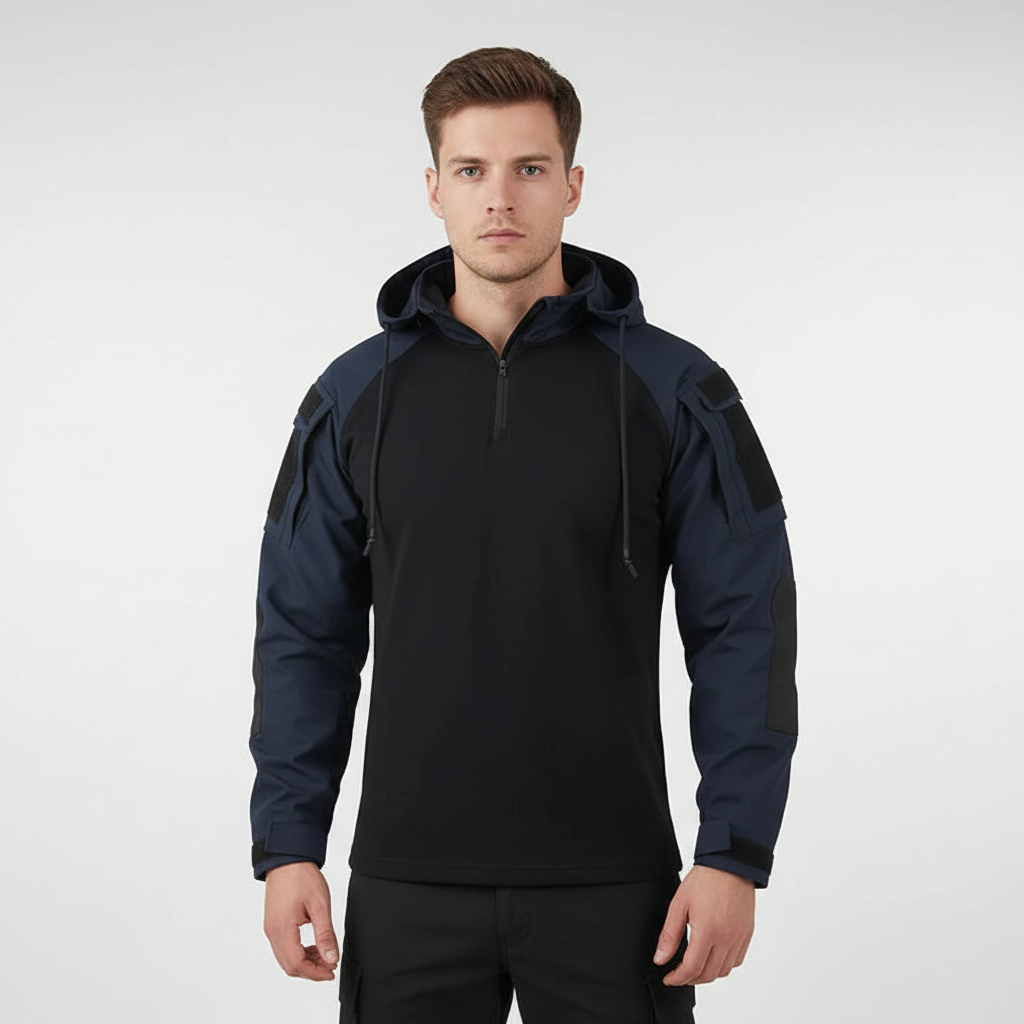 Close-up of the fabric on a men's breathable tactical hoodie, showcasing polycotton blend.