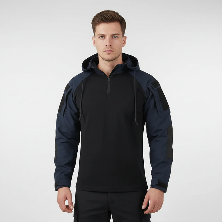 Close-up of the fabric on a men's breathable tactical hoodie, showcasing polycotton blend.