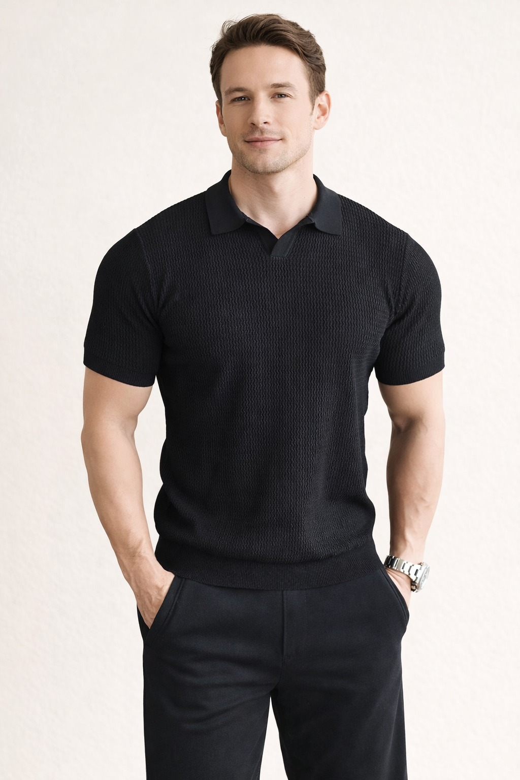 Men's slim fit textured polo shirt, a stylish casual short sleeve top perfect for everyday wear.
