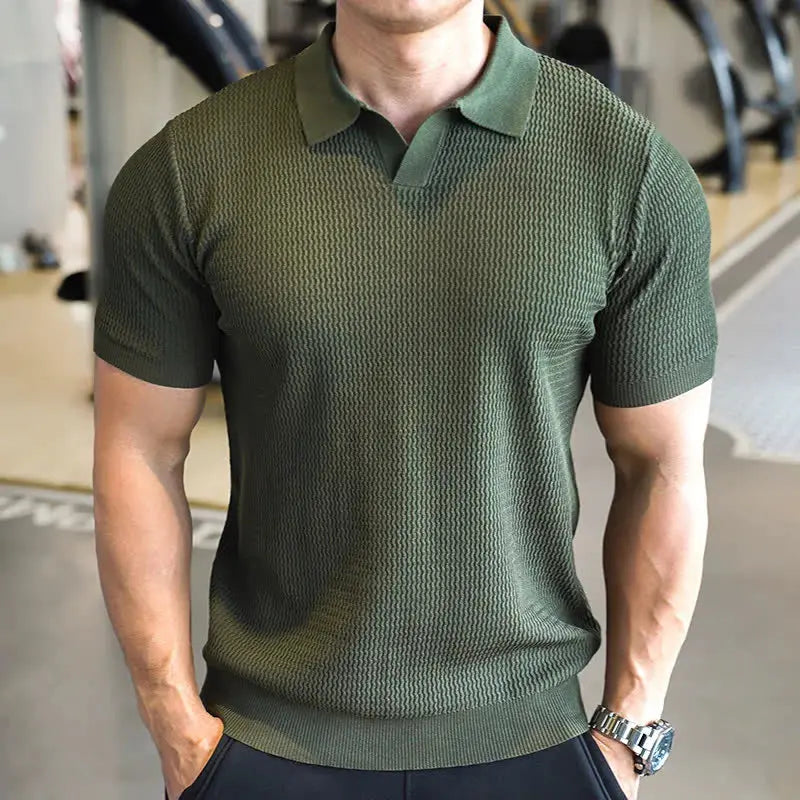 Front view of men's slim fit textured polo, short sleeve and collared, perfect for modern casual style.