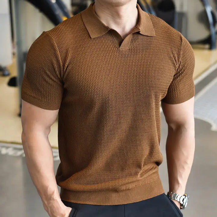 Men's daily wear slim fit polo shirt with a stylish texture and short sleeves, a modern casual collared top.