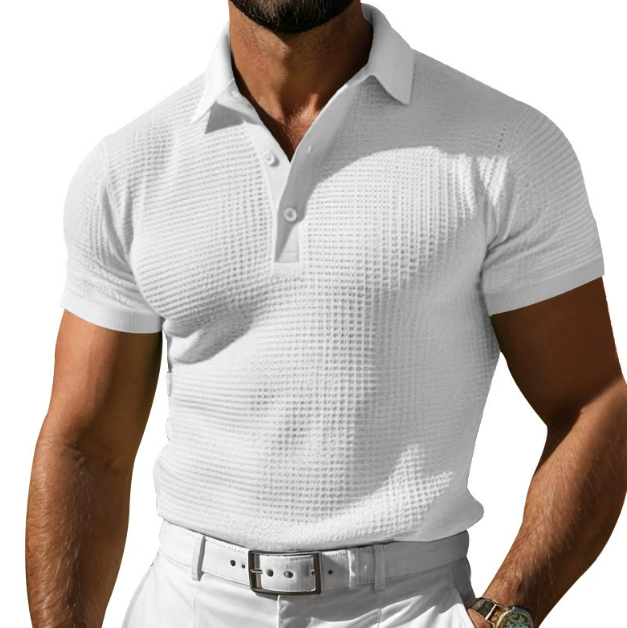 Men's slim fit textured polo shirt, classic short sleeve top for modern casual wear.