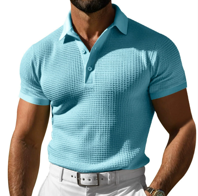 Versatile men's slim fit textured polo, perfect short sleeve shirt for spring and summer casual.