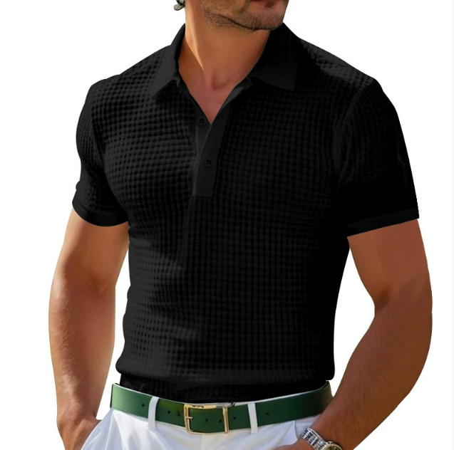 Stylish men's slim fit textured polo shirt, comfortable short sleeve for versatile smart casual outfits.