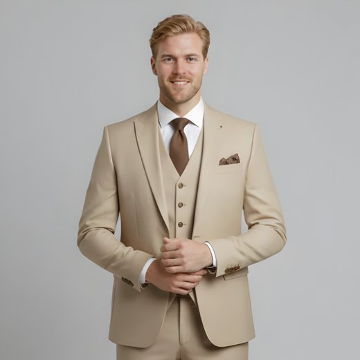 Men's slim fit three-piece formal wedding suit in tailored design, perfect for special occasions.