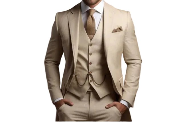 Elegant beige slim fit men's formal suit. Tailored three-piece wedding attire for special events.