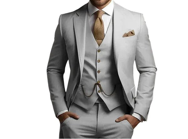 Stylish gray slim fit men's suit. Formal three-piece tailored outfit for weddings & special occasions.