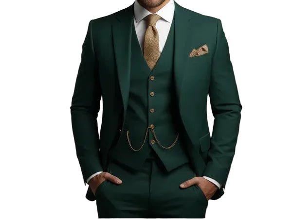 Complete three-piece men's slim fit suit. Formal attire for weddings, business, and special occasions.