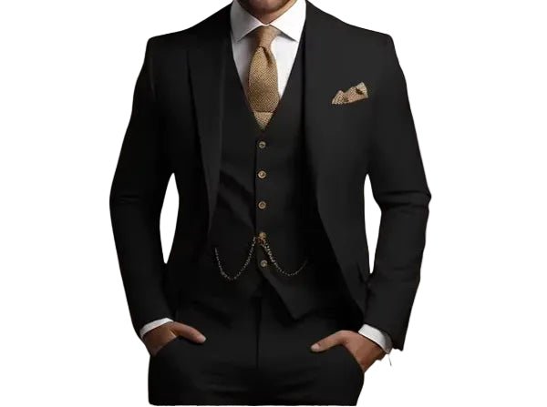 Classic black slim fit men's formal suit. Tailored three-piece wedding & special occasion attire.