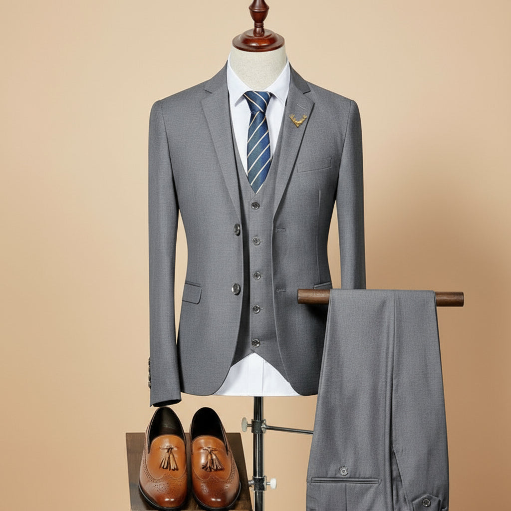 Stylish men's slim fit three-piece suit, perfect for formal events, business, or professional wear.