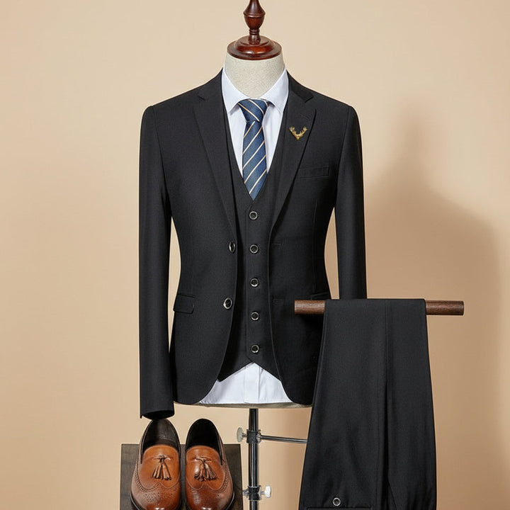 Complete men's slim fit three-piece suit for weddings & special occasions. Includes jacket, vest & pants.