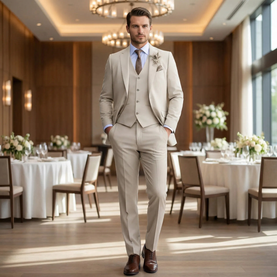 Men's slim fit three-piece suit, ideal for formal events, weddings, and business attire. Elegant modern fashion.