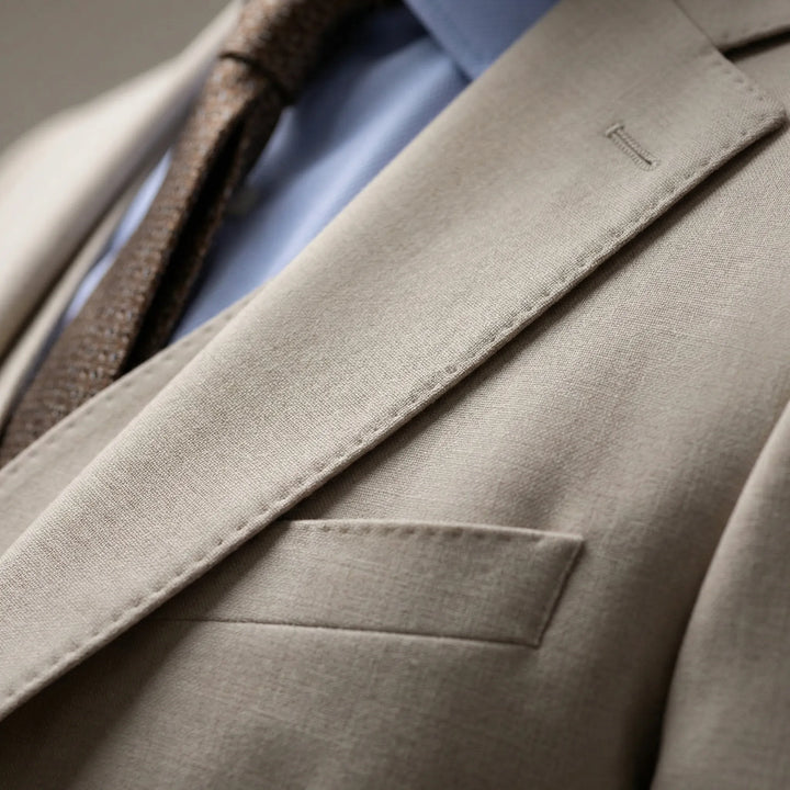 Stylish men's slim fit three-piece wedding suit. Perfect formal wear for grooms, galas, and special events.