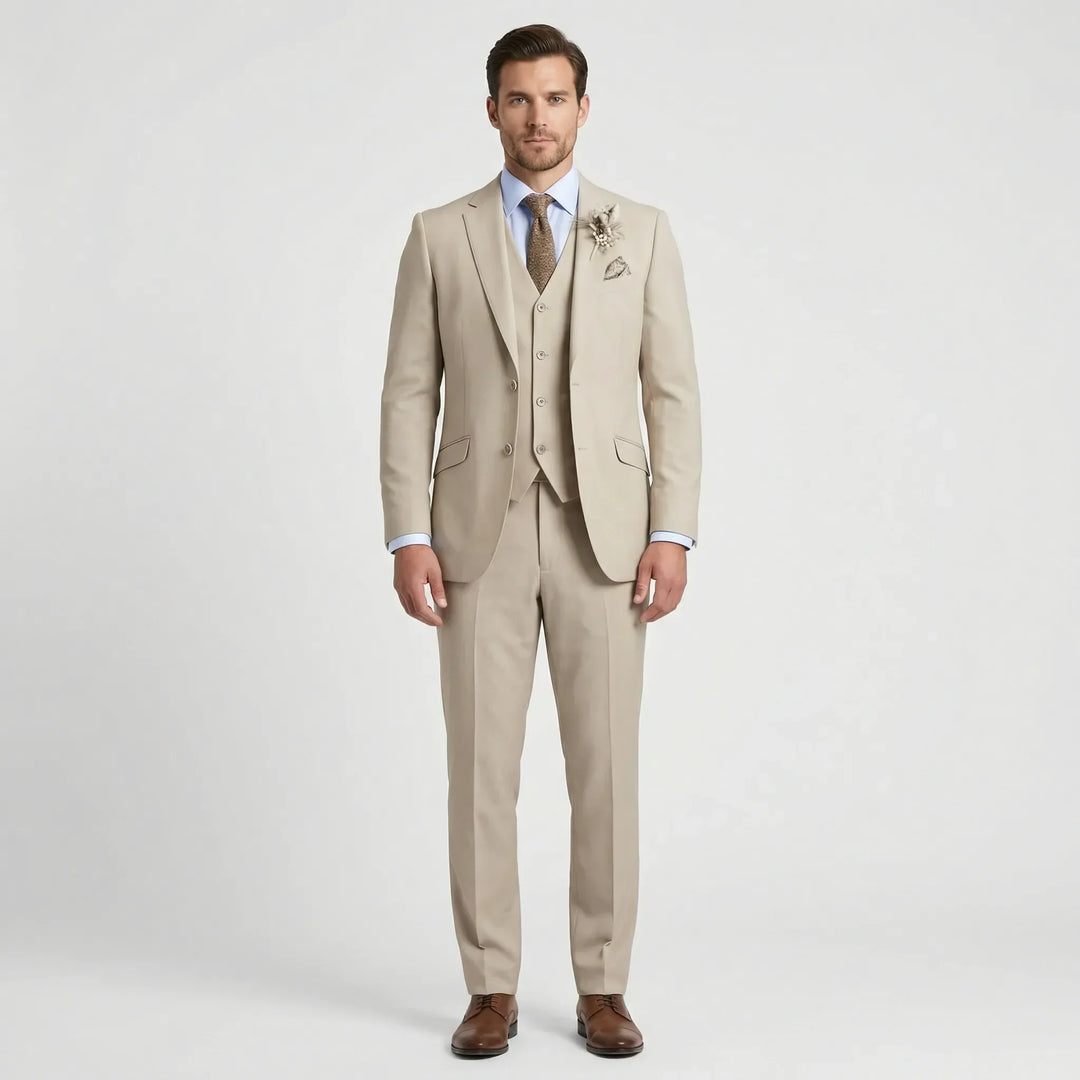 Professional men's slim fit three-piece suit. Versatile formal wear for business, events, and elegant occasions.