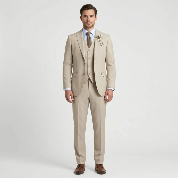 Professional men's slim fit three-piece suit. Versatile formal wear for business, events, and elegant occasions.