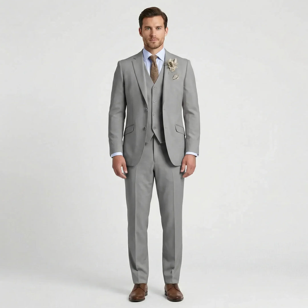 Contemporary men's slim fit three-piece suit. A sleek design for formal events, weddings, and business wear.