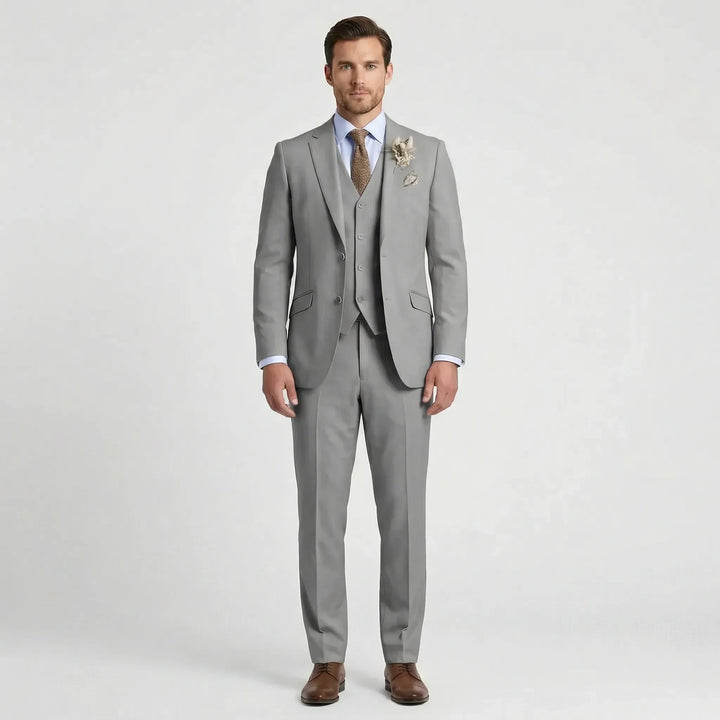 Contemporary men's slim fit three-piece suit. A sleek design for formal events, weddings, and business wear.