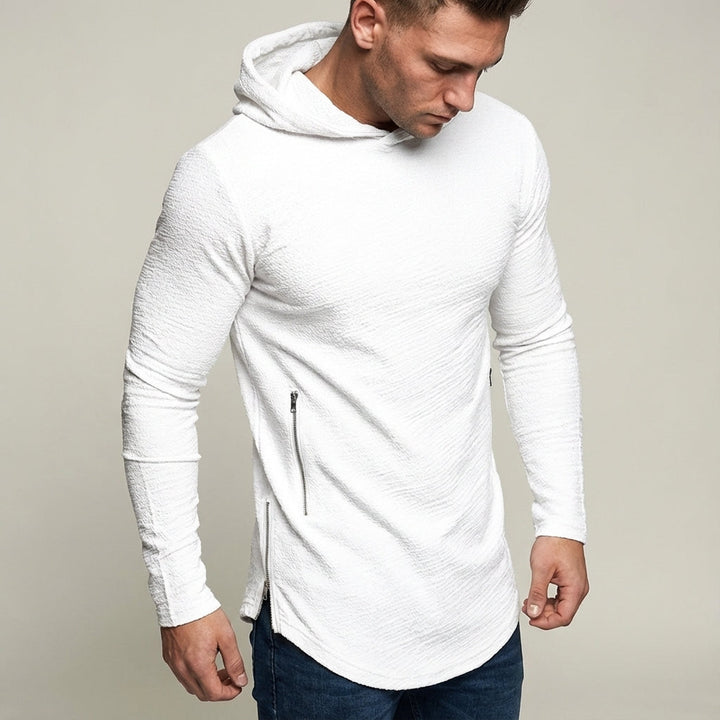 Men's casual hoodie in a dark color with a full front zipper and practical zip pockets.