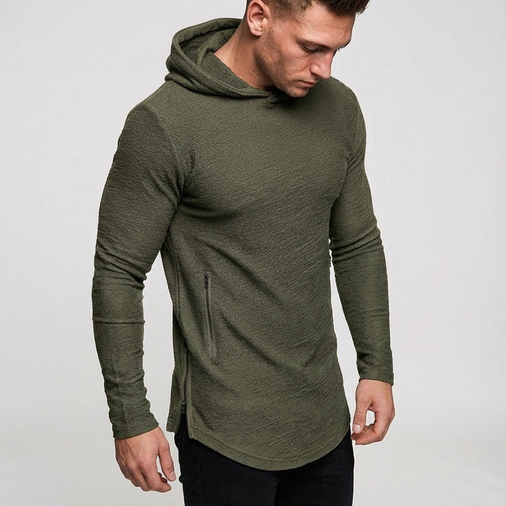 Side view of a men's activewear hoodie, highlighting its slim fit and comfortable design.