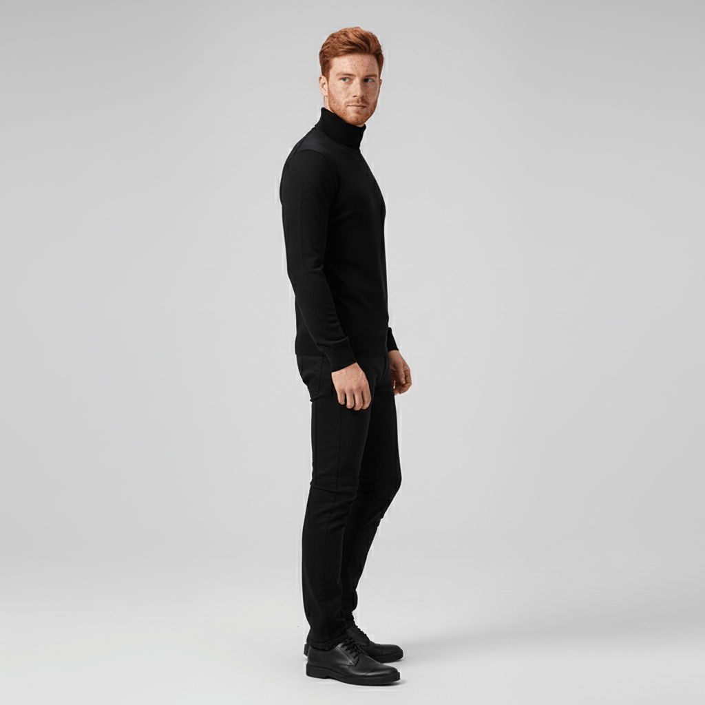 Modern men's slim-fit turtleneck sweater, perfect for contemporary layering & sleek outfits.