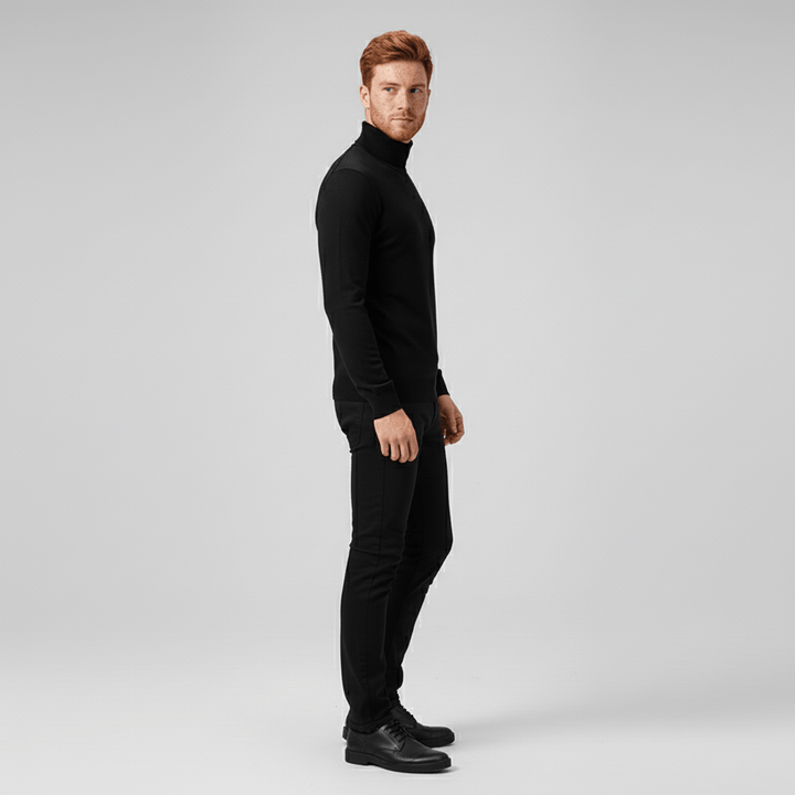 Modern men's slim-fit turtleneck sweater, perfect for contemporary layering & sleek outfits.