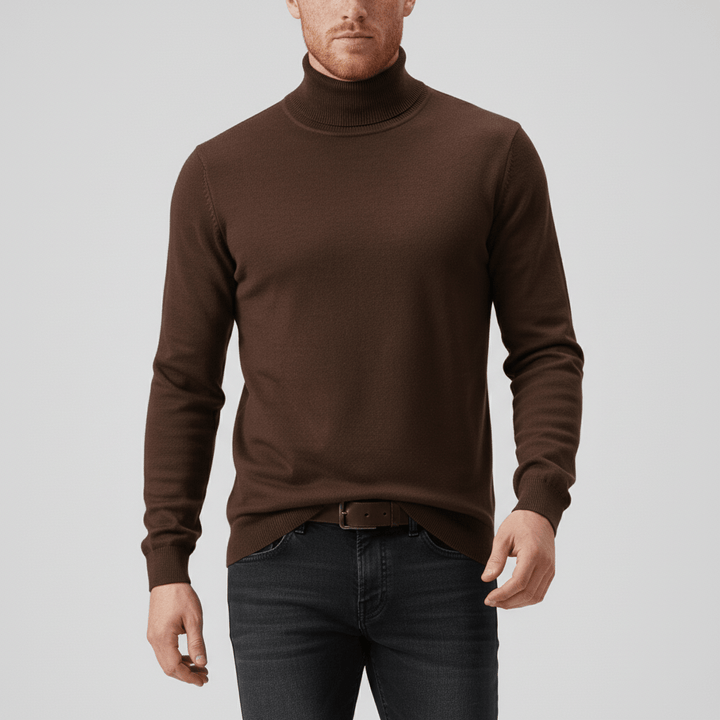 Men's slim-fit turtleneck sweater, great for layering, office, and casual fall/winter style.
