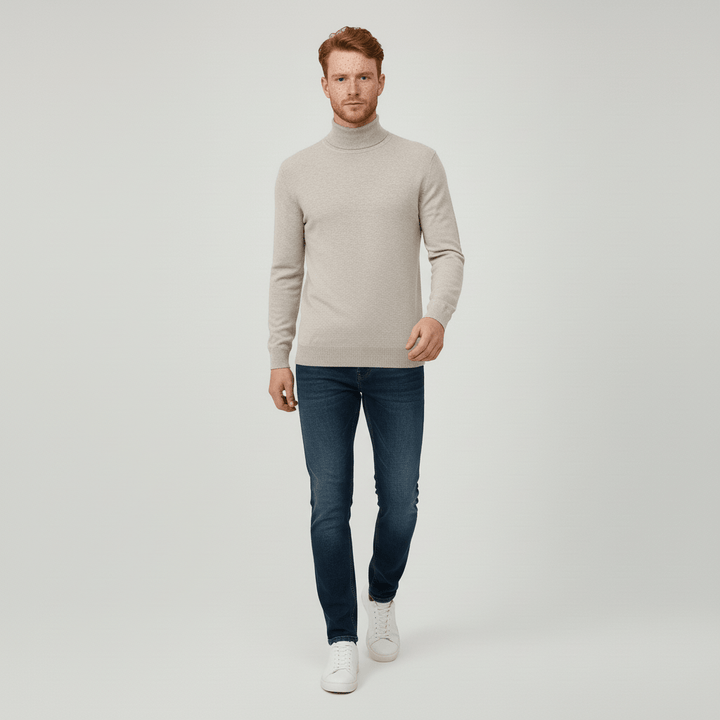 Modern slim-fit men's turtleneck sweater, ideal for fall & winter fashion outfits.
