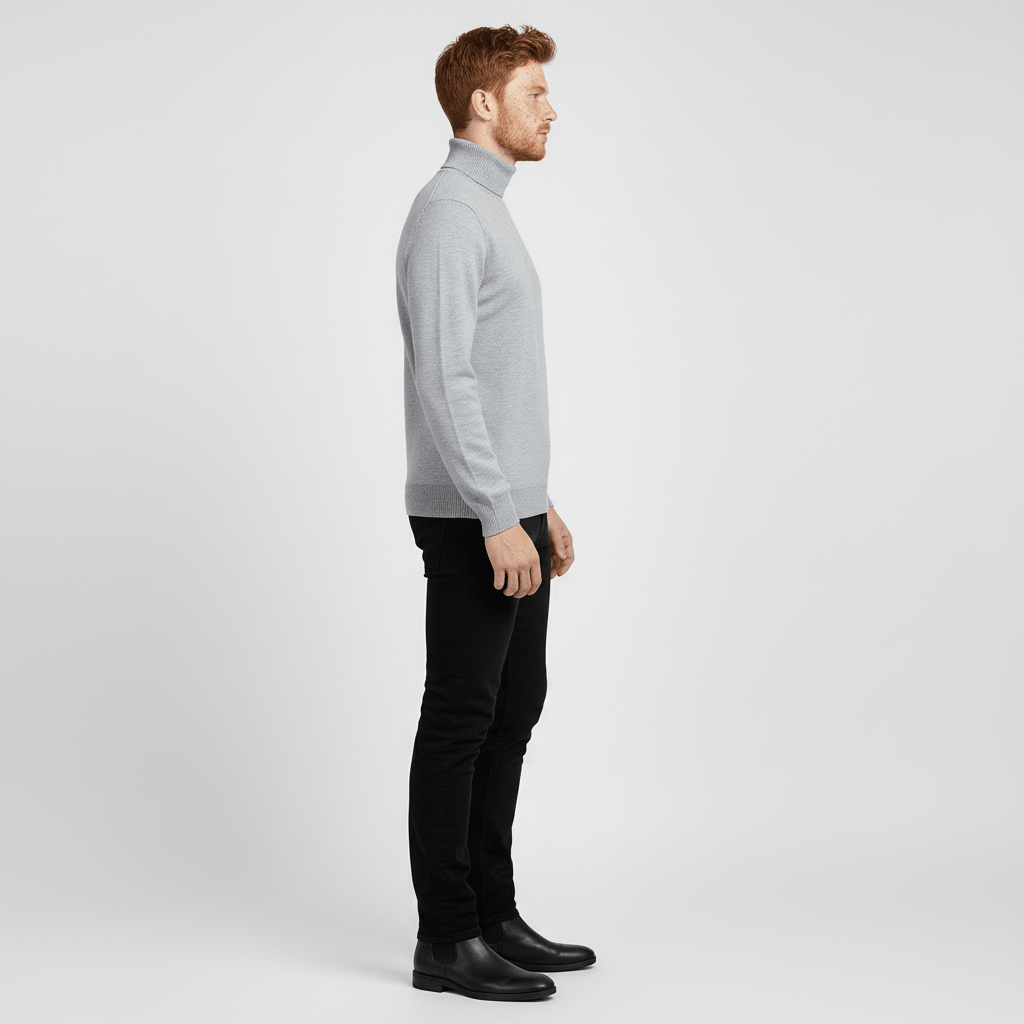 Cozy men's slim-fit long-sleeve turtleneck sweater, comfortable for winter fashion.
