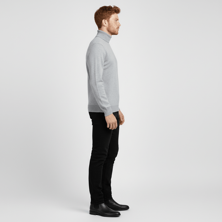Cozy men's slim-fit long-sleeve turtleneck sweater, comfortable for winter fashion.
