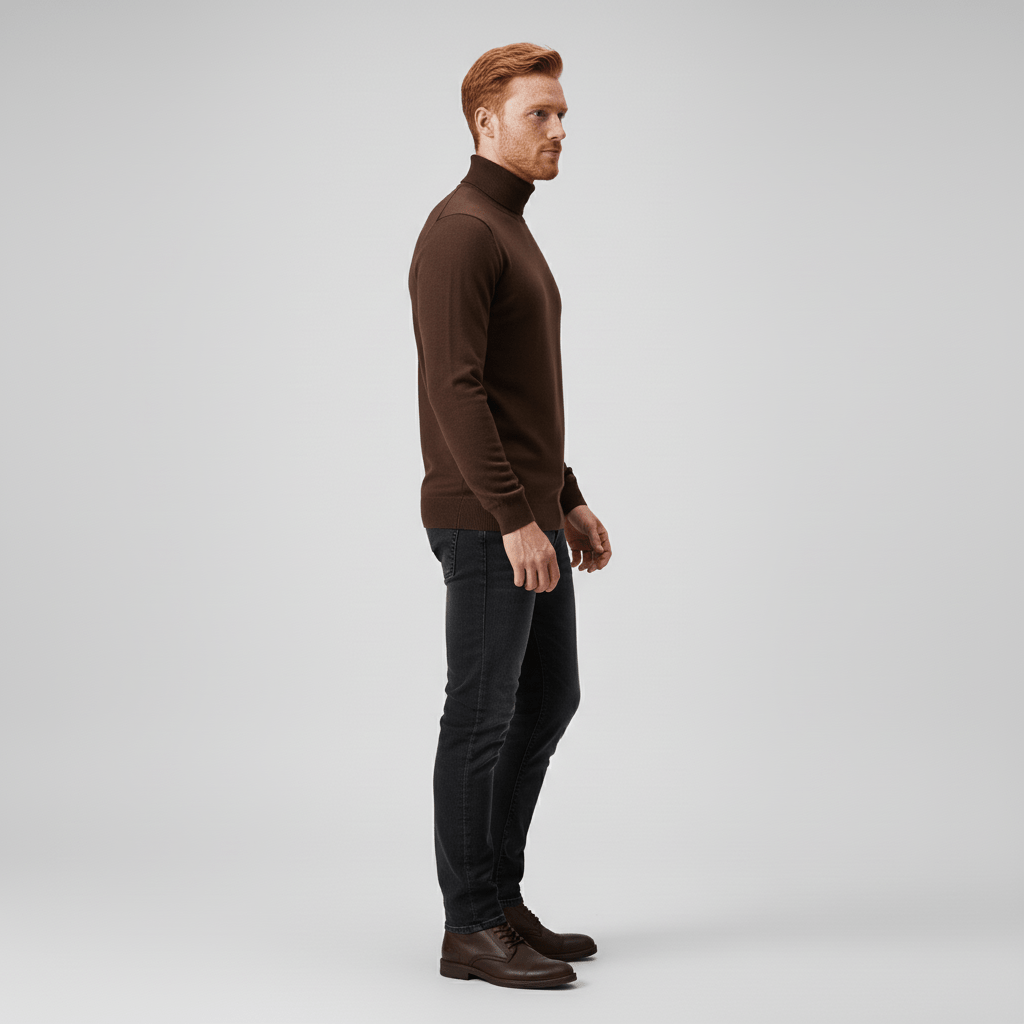 Long-sleeve men's slim-fit turtleneck sweater, offering a polished look for various occasions.
