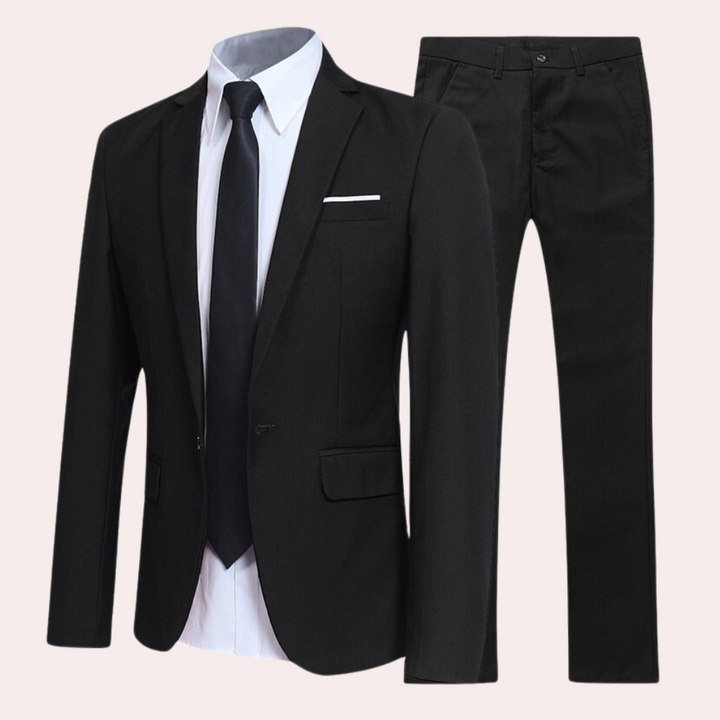 Men's slim fit two-piece suit, ideal for formal business, wedding, or prom events. All-season elegant fashion.