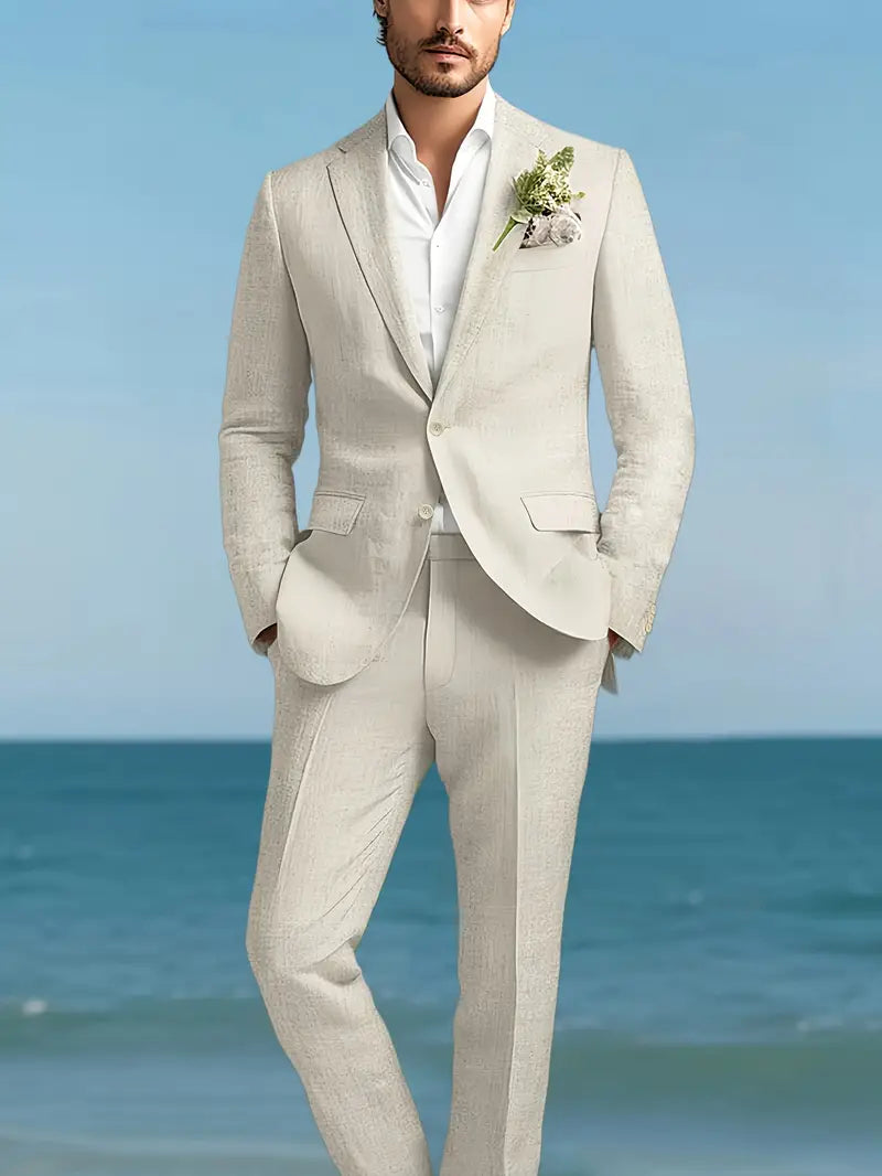 Men's slim fit two-piece suit with blazer and trousers, ideal for formal business & wedding events.