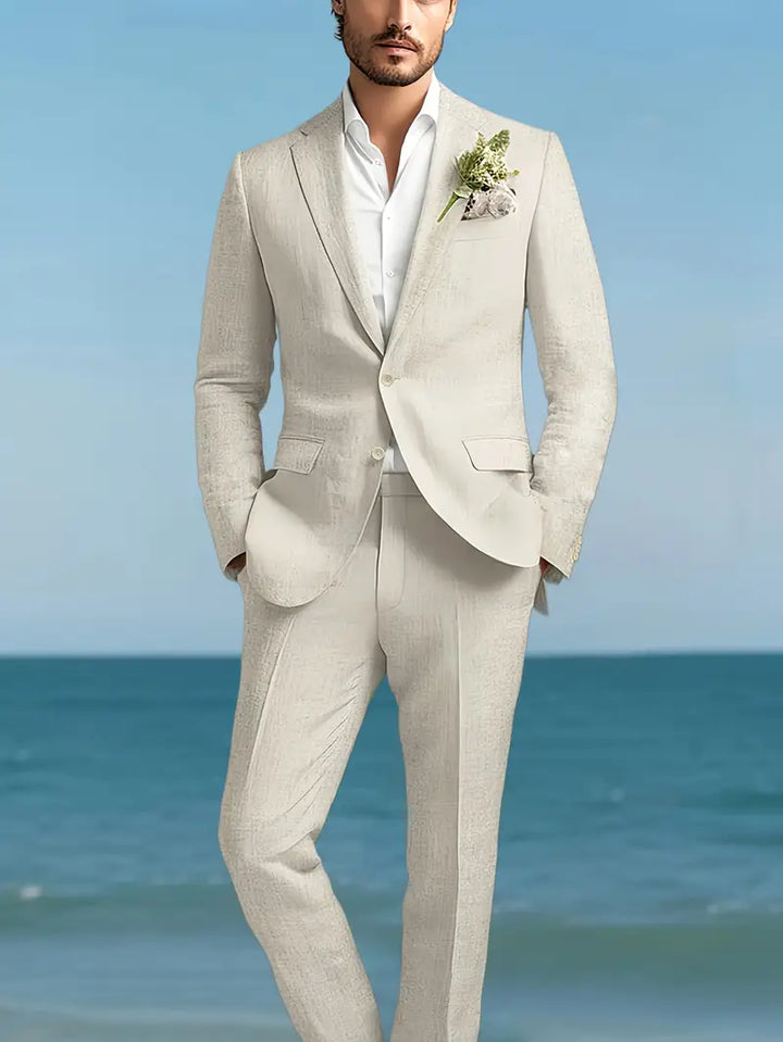 Men's slim fit two-piece suit with blazer and trousers, ideal for formal business & wedding events.