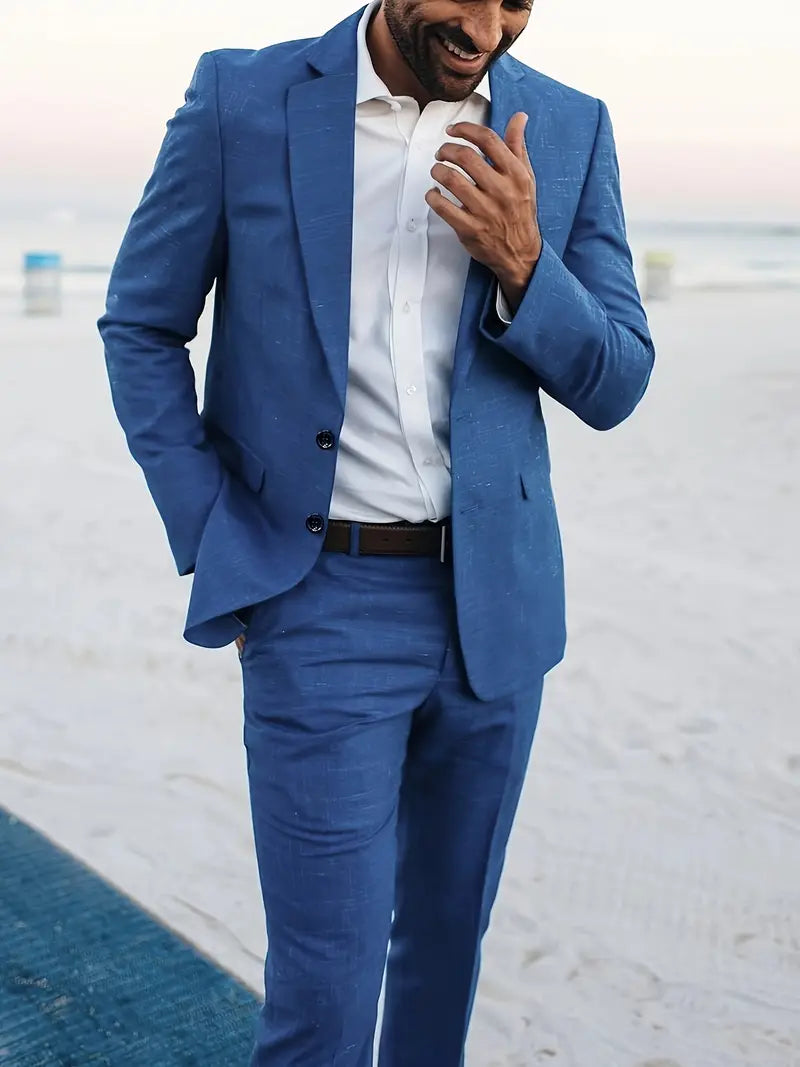 Modern men's formal wear: a crisp slim fit blue suit, perfect for business or special event attire.