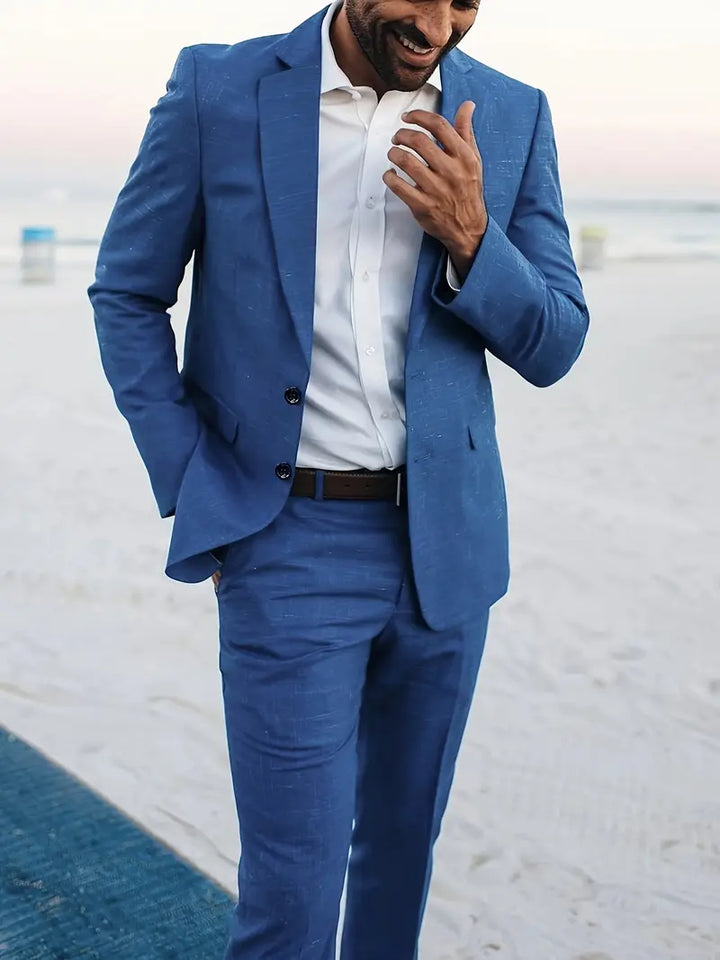 Modern men's formal wear: a crisp slim fit blue suit, perfect for business or special event attire.