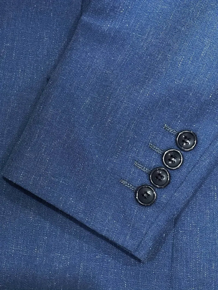 Sophisticated men's slim fit blue suit for event attire. Business-ready blazer and trousers combo.