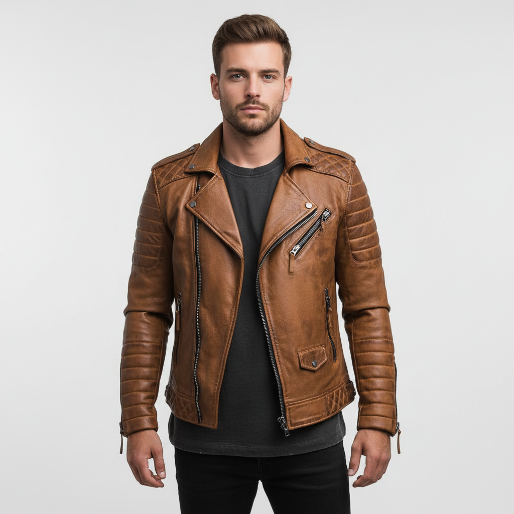 Stylish men's black vegan leather biker jacket with zip closures; motorcycle style